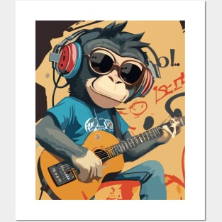 Monkey play guitar Posters and Art